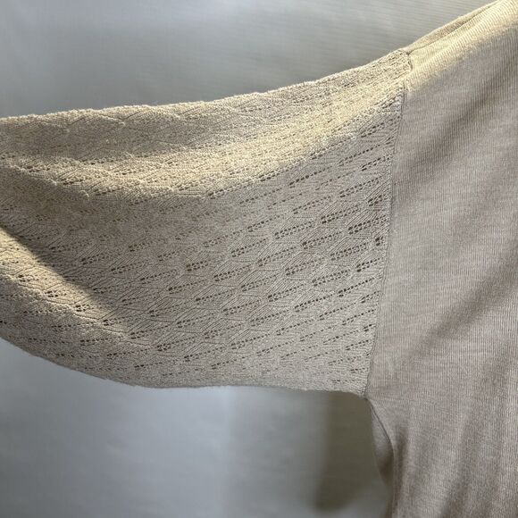 Garnet Hill Relaxed Fit Sweater Women’s Small Tan Pointelle Knit Balloon Sleeve - Picture 3 of 10